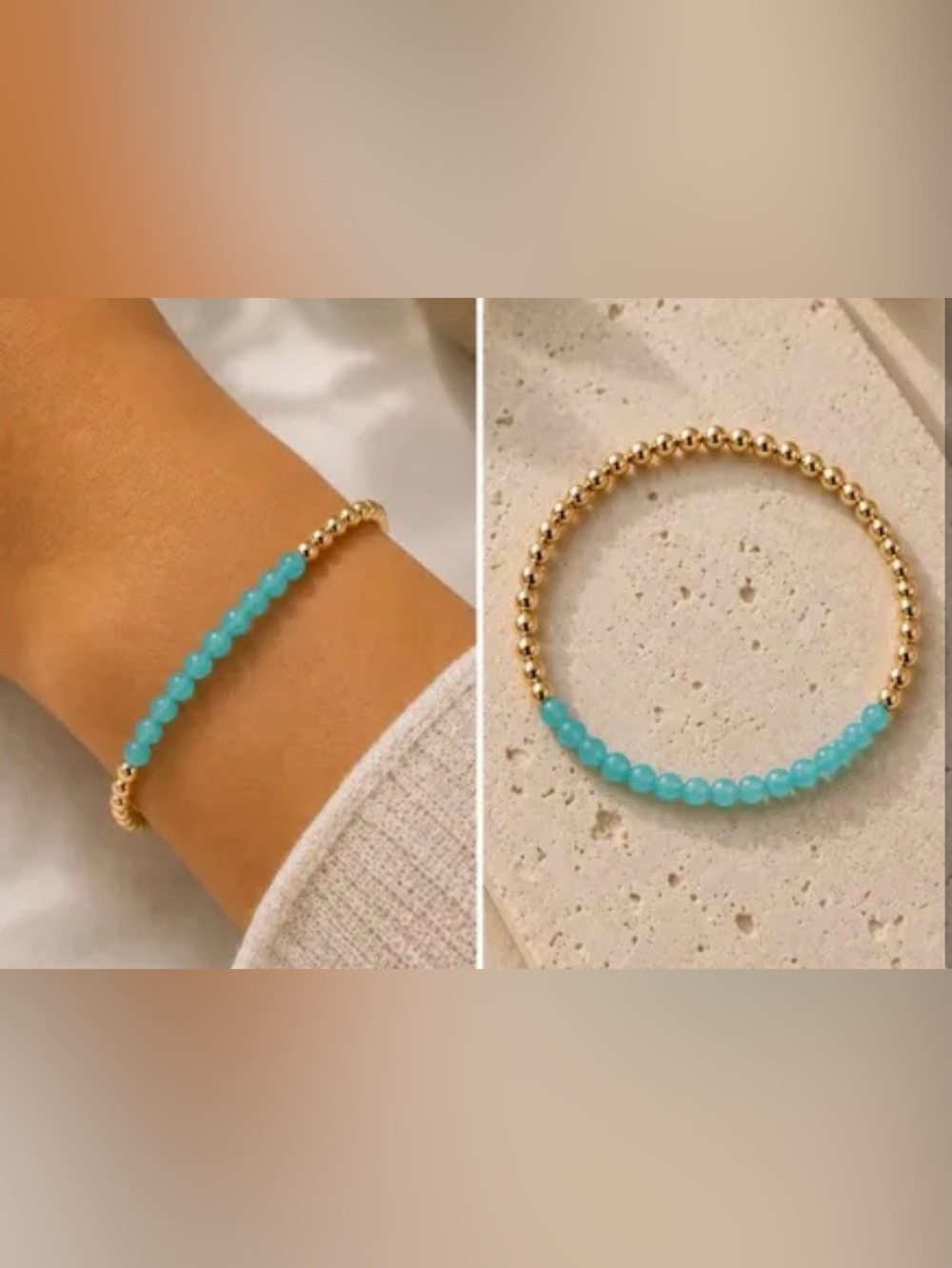 Gold Beaded Elastic Bracelet with Turquoise Blue Round Beads